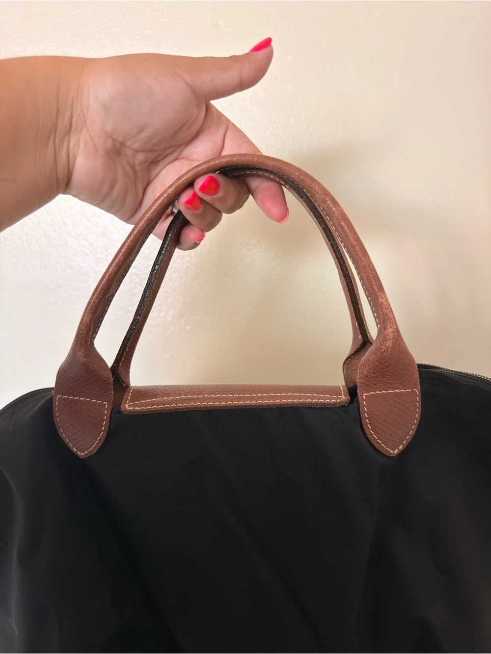 Longchamp Black Nylon Tote with Brown Leather Trim